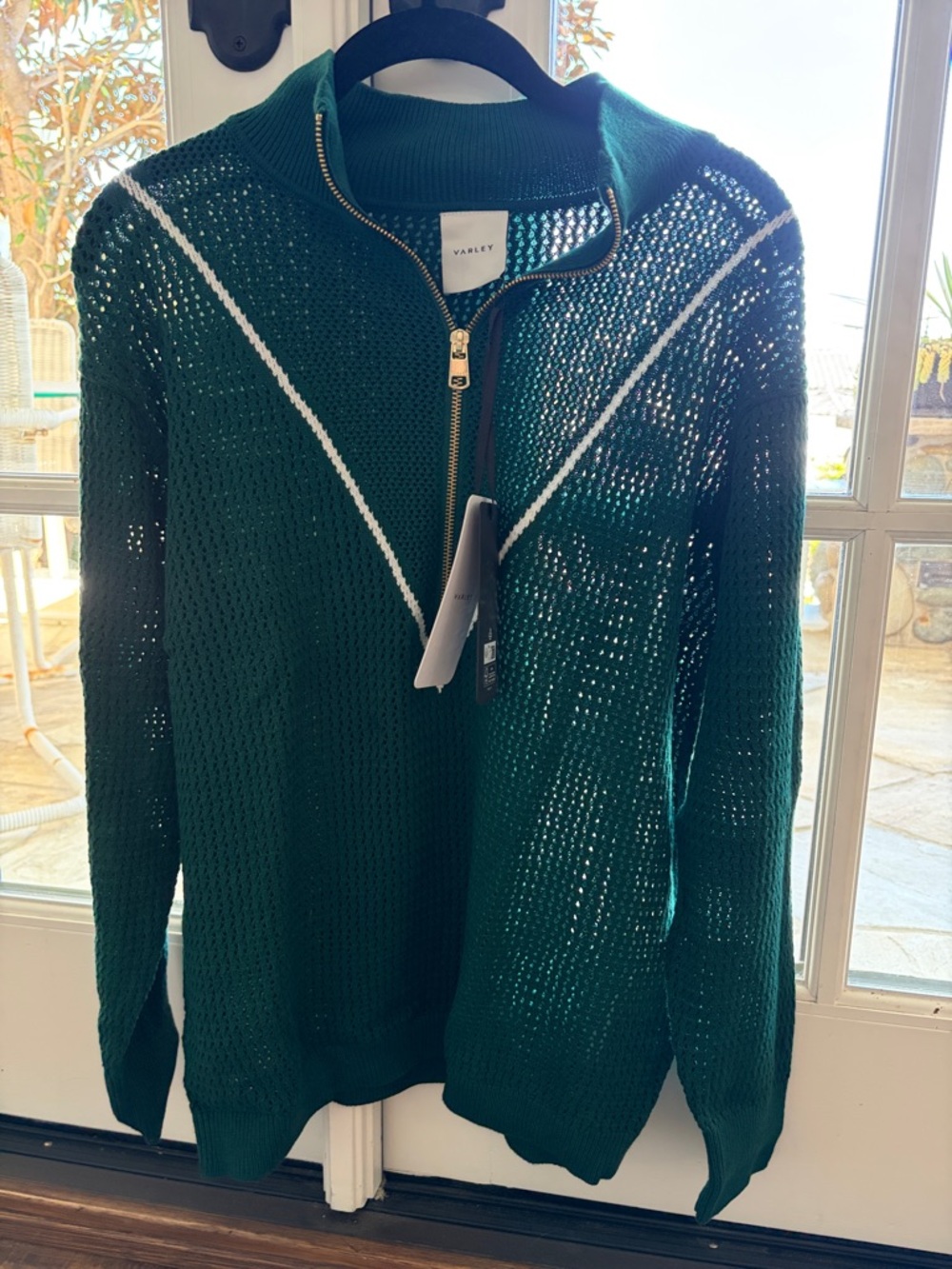 Varley Dark Green Open-Knit Half-Zip Sweater with White Stripe Calva Knit